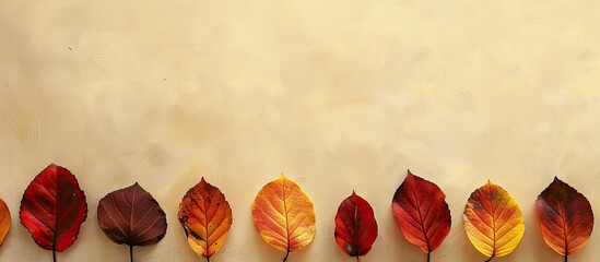 Poster - Autumn leaves in red and yellow shades neatly arranged in a row on a soft beige background provide a seasonal card or backdrop with a colorful textured foliage and copy space image