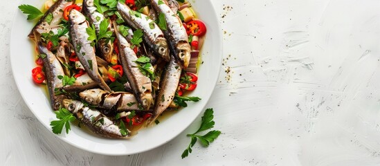 Aufkleber - A white dish with a top view of Spicy Canned Sardine Salad featuring herbs with a clear area for text or images. with copy space image. Place for adding text or design