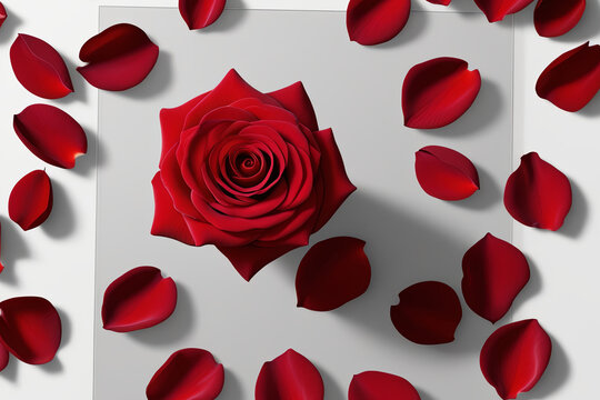 Stunning red rose flat lay on white background, perfect for elegant, romantic artwork