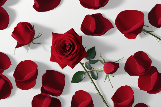 Stunning red rose flat lay on white background, perfect for elegant, romantic artwork