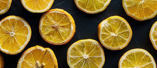 Fototapete - Close up image of fresh juicy yellow lemon slices on a black background with a flat lay perspective and top view highlighting the vibrant citrus fruit Contains copy space