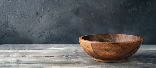 Leinwandbilder - Rustic brown wooden bowl displayed on a gray wooden table with a simple classic look ideal for a copy space image