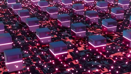 Poster - Futuristic Digital Blocks with Neon Lights on Circuit Board

