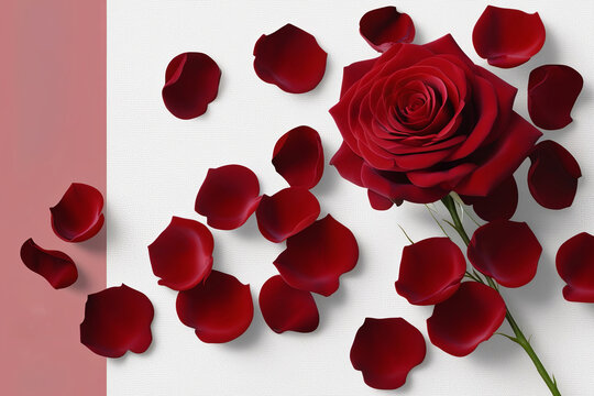 Stunning red rose flat lay on white background, perfect for elegant, romantic artwork