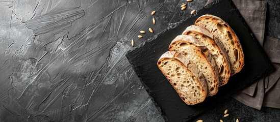 Poster - Sliced sourdough on black slate with wooden backdrop Copy space image