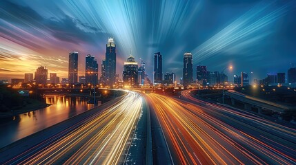 Aufkleber - Timelapse of highway traffic with city skyline in the background. The long exposure captures the dynamic light trails of vehicles. A modern urban landscape. Generative AI.