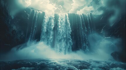 Poster - A huge waterfall falling from the sky, creating a strong visual impact. Generative AI.