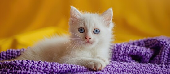 Poster - White kitten with blue eyes on purple blanket against a yellow background in a playful stance with a waiting and watchful demeanor ideal for a copy space image