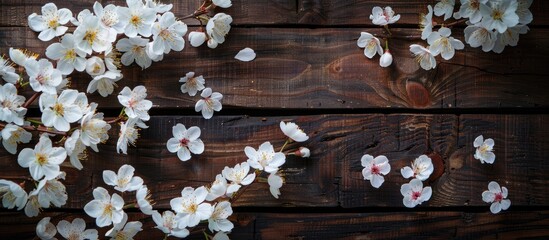 Aufkleber - Top view of white cherry blossoms set against a dark wooden backdrop with copy space image