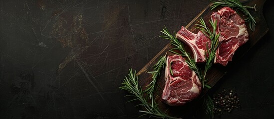 Fototapete - Top down view of a raw lamb chop on a butcher board garnished with rosemary and thyme against a dark backdrop with a spacious area for additional content or text like a copy space image