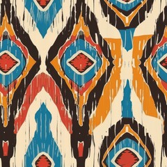 Wall Mural - Vibrant Ikat Pattern Fabric with Geometric Tribal Design