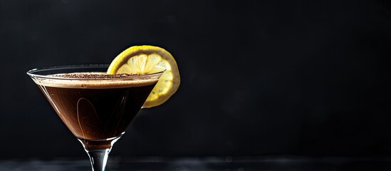 Aufkleber - Silver bullet cocktail featuring gin coffee chocolate liqueur and lemon on a black background with a horizontal view and copy space image