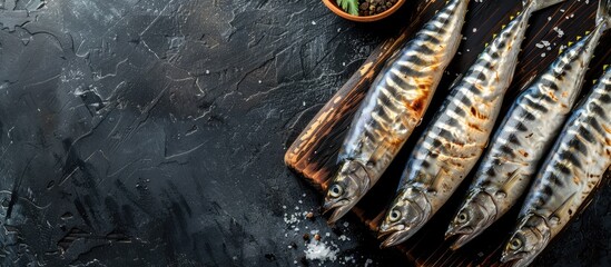 Leinwandbilder - Top down view of fresh mackerel on a rustic wooden board against a black backdrop serving as organic ingredients for a seafood eatery with space for text or images. with copy space image