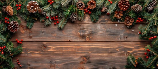 Poster - Blank for design there are toys fir branches cones and garlands on a wooden backdrop in the copy space image