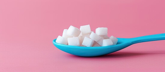 Poster - A blue plastic spoon heaping with refined sugar cubes rests on a pink backdrop conveying a diabetes health care theme with a copy space image available