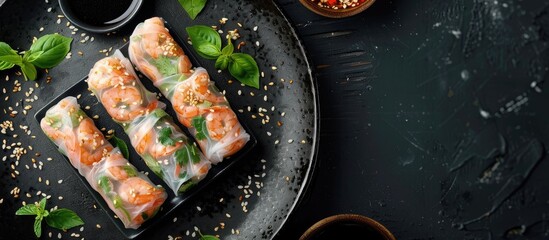 Aufkleber - Delectable rice paper rolls served on a black table seen from above with ample copy space image