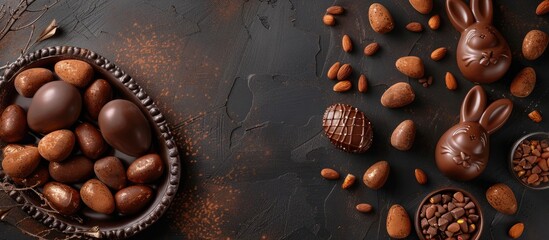Aufkleber - Tasty chocolate Easter eggs bunny and sweets displayed on a dark background with copy space image