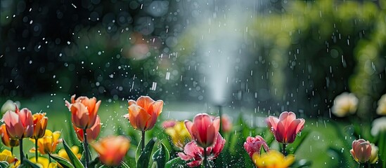 Wall Mural - Luxurious garden setting featuring tulips being watered with electronic controlled sprinkler creating a serene park scene with rain effect ideal for a copy space image