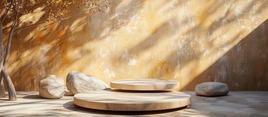 Poster - Oval podium background with stones shadows and copy space image for showcasing products