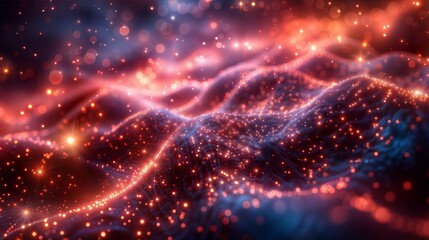 Poster - Abstract Digital Landscape with Glowing Particles and Neon Waves