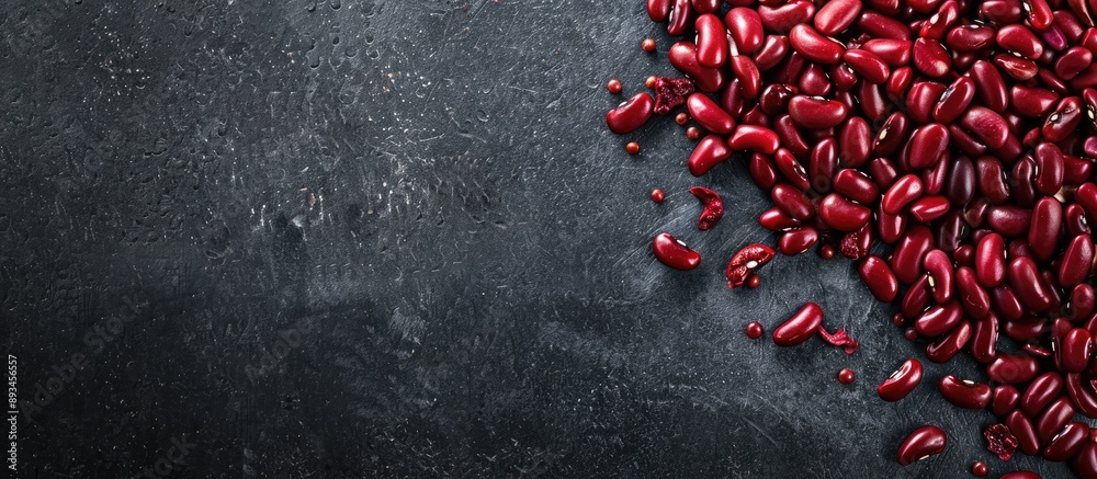 Top down view of red beans on a dark backdrop with copy space for an ...