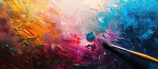 Poster - Applying oil paint from a brush to a palette on an abstract colorful background with copy space image