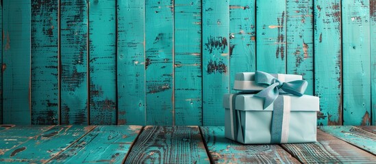 Wall Mural - Blue wooden backdrop with a gift box showcasing copy space image