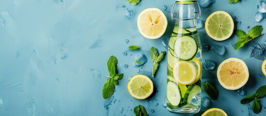 Poster - Top view of a glass bottle filled with detox infused water containing lemon cucumber and mint set on a blue background with copy space image available
