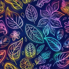 Vibrant Neon Botanical Illustration Wallpaper with Leaves and Flowers