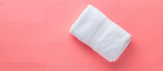 Poster - Top view of a white towel on a stylish pink geometric backdrop with space for texts or images. with copy space image. Place for adding text or design