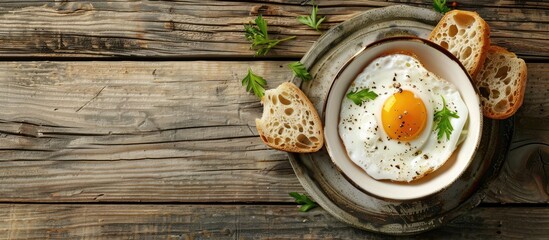 Leinwandbilder - Soft boiled egg and crispy bread displayed on a wooden table with a copy space image