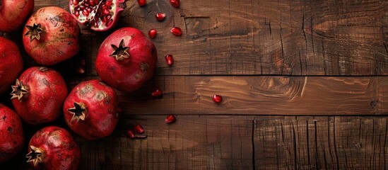 Poster - A flat lay display with fresh pomegranates and room for text on a wooden surface. with copy space image. Place for adding text or design