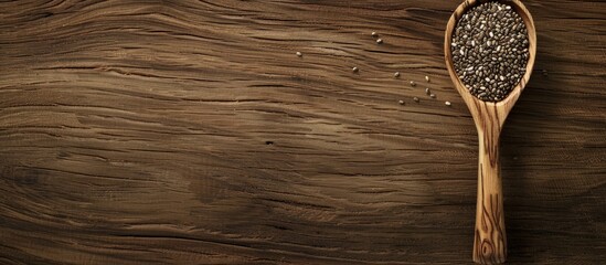 Leinwandbilder - Spoon holding chia seeds against a wooden table with a plain background suitable for copy space image