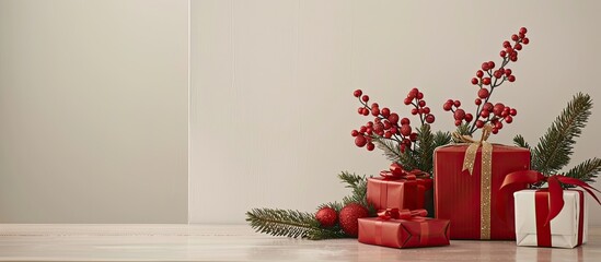 Poster - Festive Christmas gifts displayed on a table with a light wall background providing a stunning copy space image