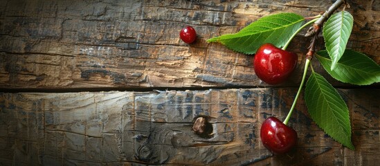 Fototapete - Old wooden table with a sour cherry and leaf providing an attractive backdrop for copy space image