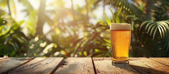 Aufkleber - A refreshing craft beer placed on a tropical bar s wooden table with copy space image available