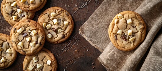 Fototapete - Top view of homemade white chocolate chunk cookies on a brown textured background with copy space image for a flat lay composition