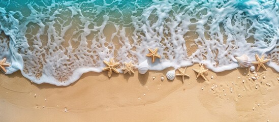 Aufkleber - Aerial shot of a sandy beach showcasing summer items with ample space for text or images Ideal for promotional use