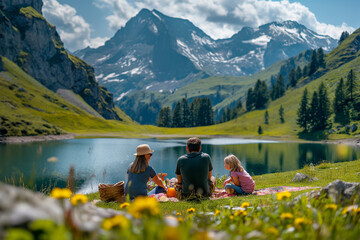 Wall Mural - Family lunch beside tranquil lake