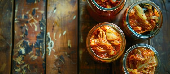 Wall Mural - Top view of fermented vegetarian foods like cabbage kimchi and marinated tomatoes in sour glass jars displayed on a rustic kitchen table creating a canned food concept with a copy space image