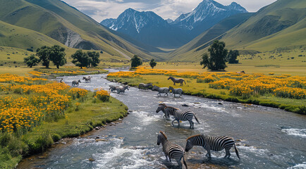 Poster - A river flows out from the mountains in a vast valley, and a group of zebras are passing through it. On both sides of the river, there are scattered large trees and colorful flowers. Generative AI.