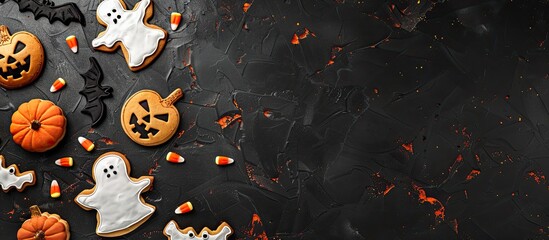 Aufkleber - An aerial angle showcases a Halloween themed cookie side border atop a dark stone surface featuring ghost bat jack o lantern and candy corn decorations around a blank area for text or images