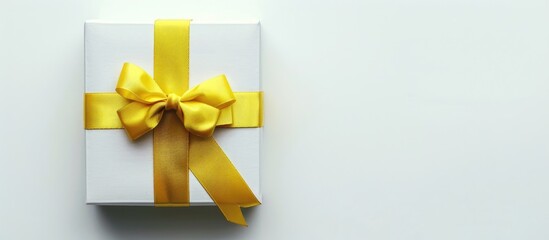 Leinwandbilder - White gift box with a sunny yellow ribbon and bow on a blank background great for placing text or graphics beside it suitable for a copy space image