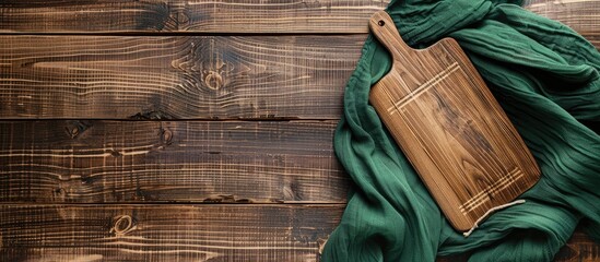 Wall Mural - Wooden table with a green tablecloth and a cutting board mockup ideal for online presentations with copy space image