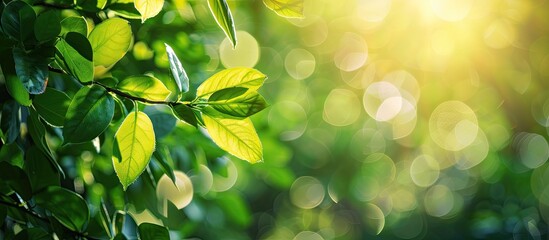 Aufkleber - Fresh green leaves on a tree with a warm filter under summer sunlight create a bokeh natural color background perfect for a copy space image