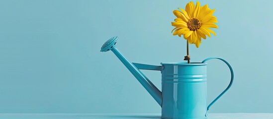 Leinwandbilder - Blue watering can on a blue background with a single yellow chrysanthemum peeking out of the spout suitable as a copy space image for home flower decor