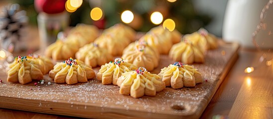 Poster - Festive season spritz cookies displayed on a decorated chopping board with various angles featuring selective focus and some empty space for images. with copy space image