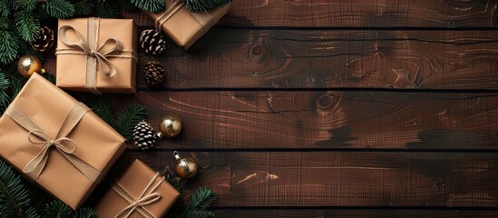 Poster - Top view of Christmas gift boxes and a fir tree on a wooden background providing copy space in the image