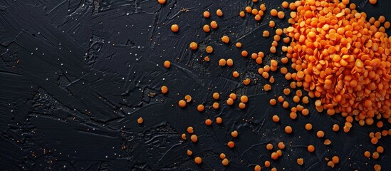 Wall Mural - Top view of uncooked red lentils against a black backdrop with ample copy space image