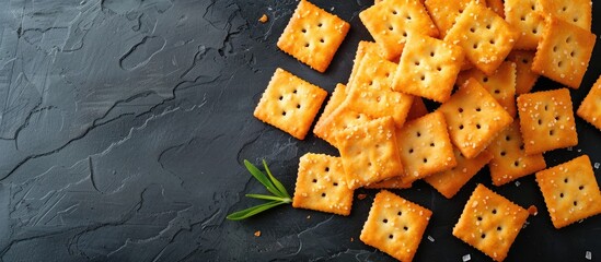 Fototapete - View from above of homemade cheese shaped crackers a perfect crispy snack with ample copy space for images